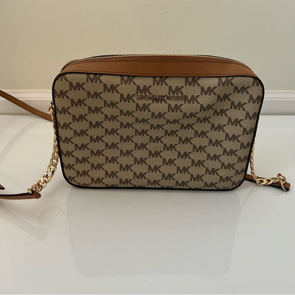Michael Kors Crossbody Bag Jet Set Gold Hardware Brown and Beige Tan MK Logo